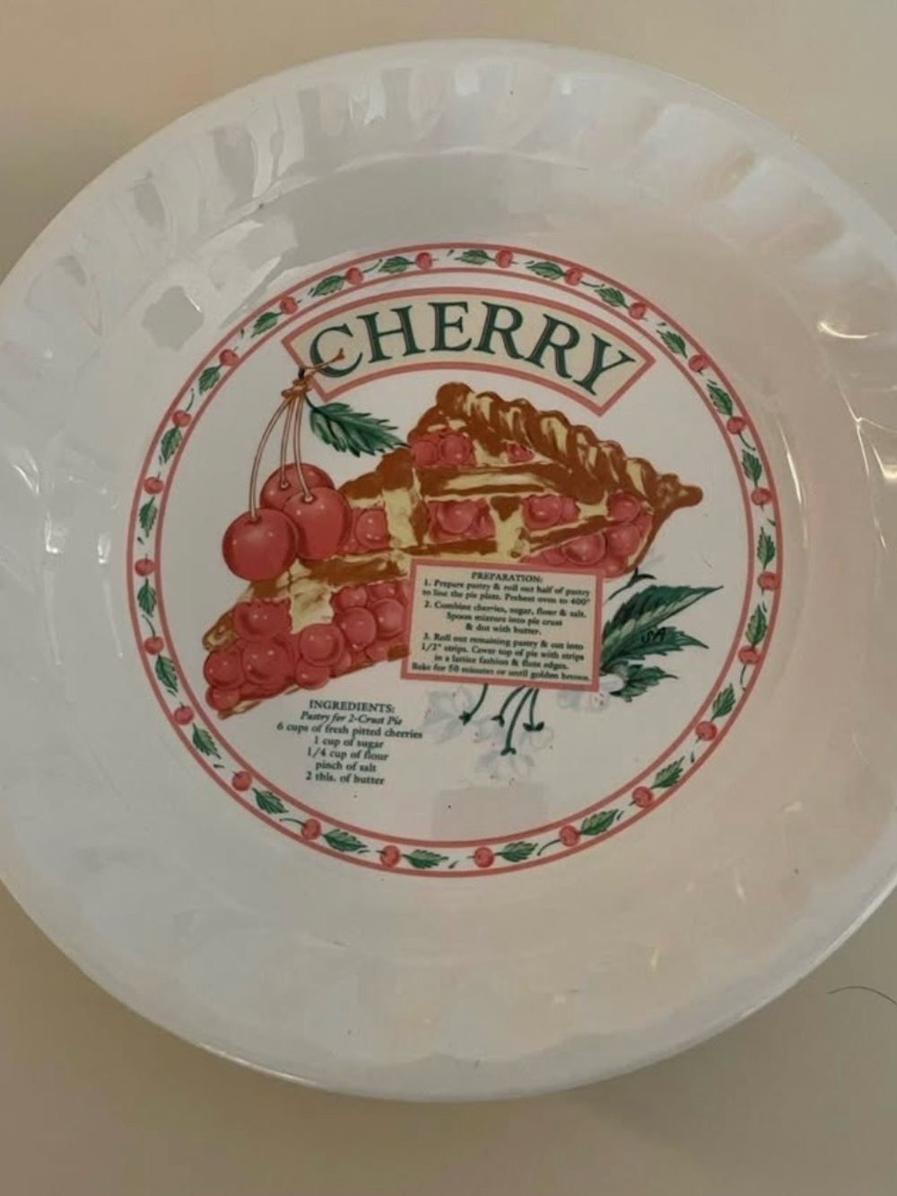 Cherry Pie Decorative Ceramic Serving Plate - White with Red Cherry Motif